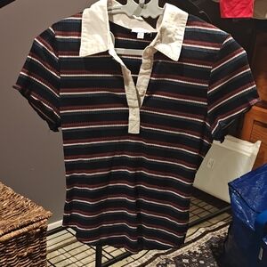 Francesca's Collections Blue Rain Label with Navy and Red Stripe Detail